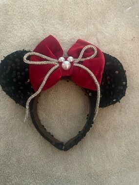 Sequin Mouse Ear Headband with Red Velvet Bow and Pearl Accent